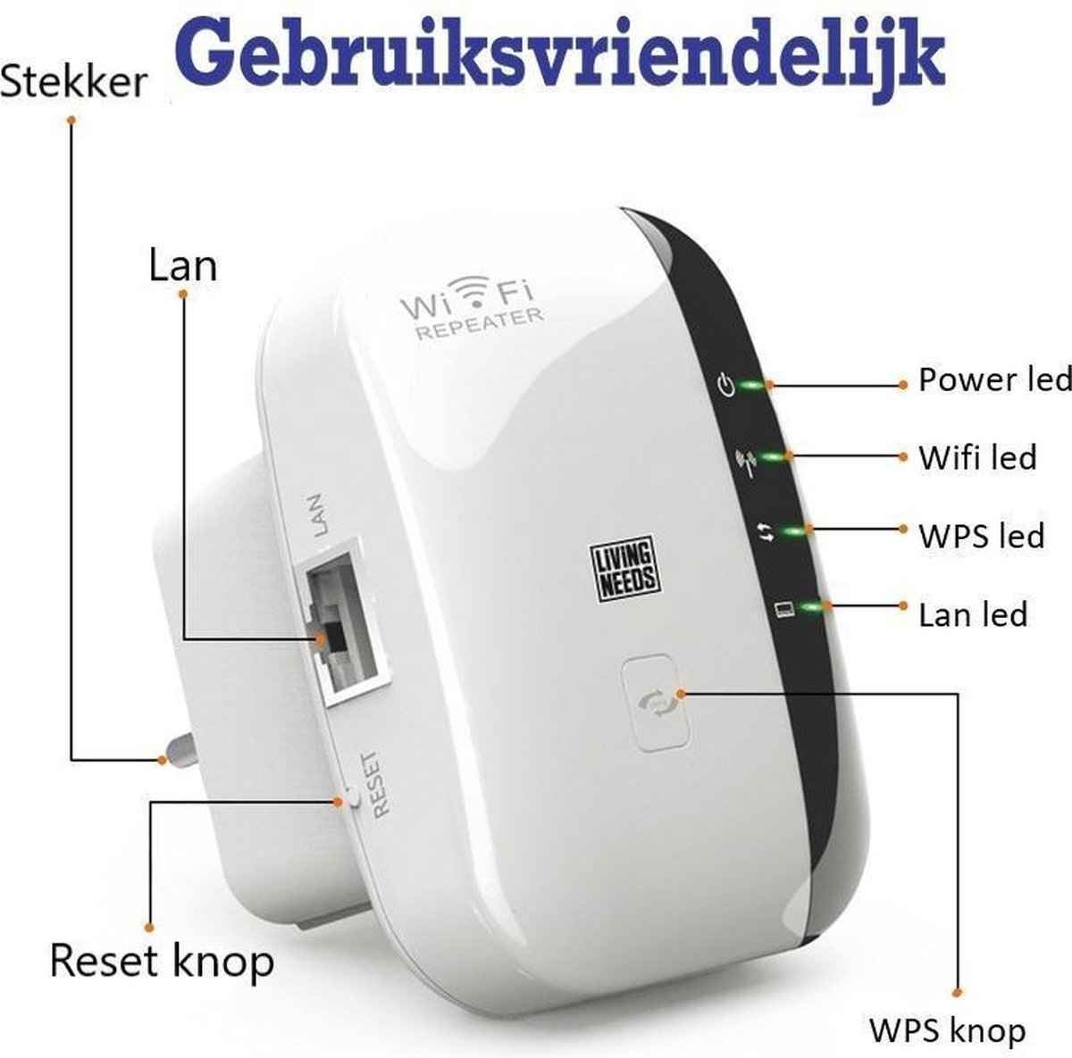 Living Needs WiFi Versterker – Stopcontact – 300 Mbps – Plug & Play - Afbeelding 2