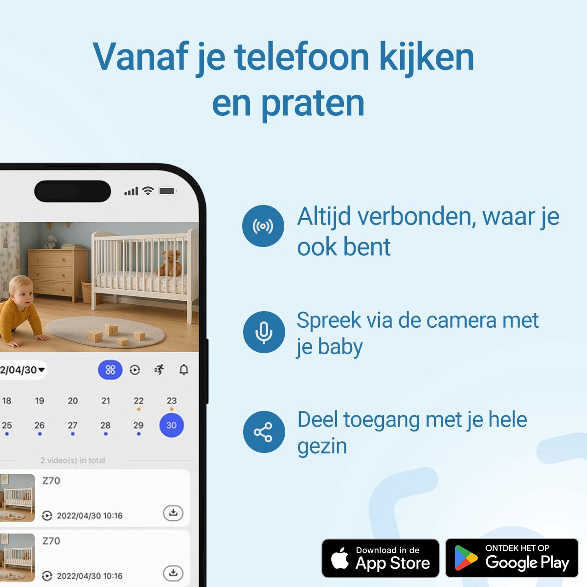 Living Needs – Babyfoon met Camera en App – Zwart – Full HD Nachtzicht – Baby monitor met Geluids- en Bewegingsdetectie - Afbeelding 3