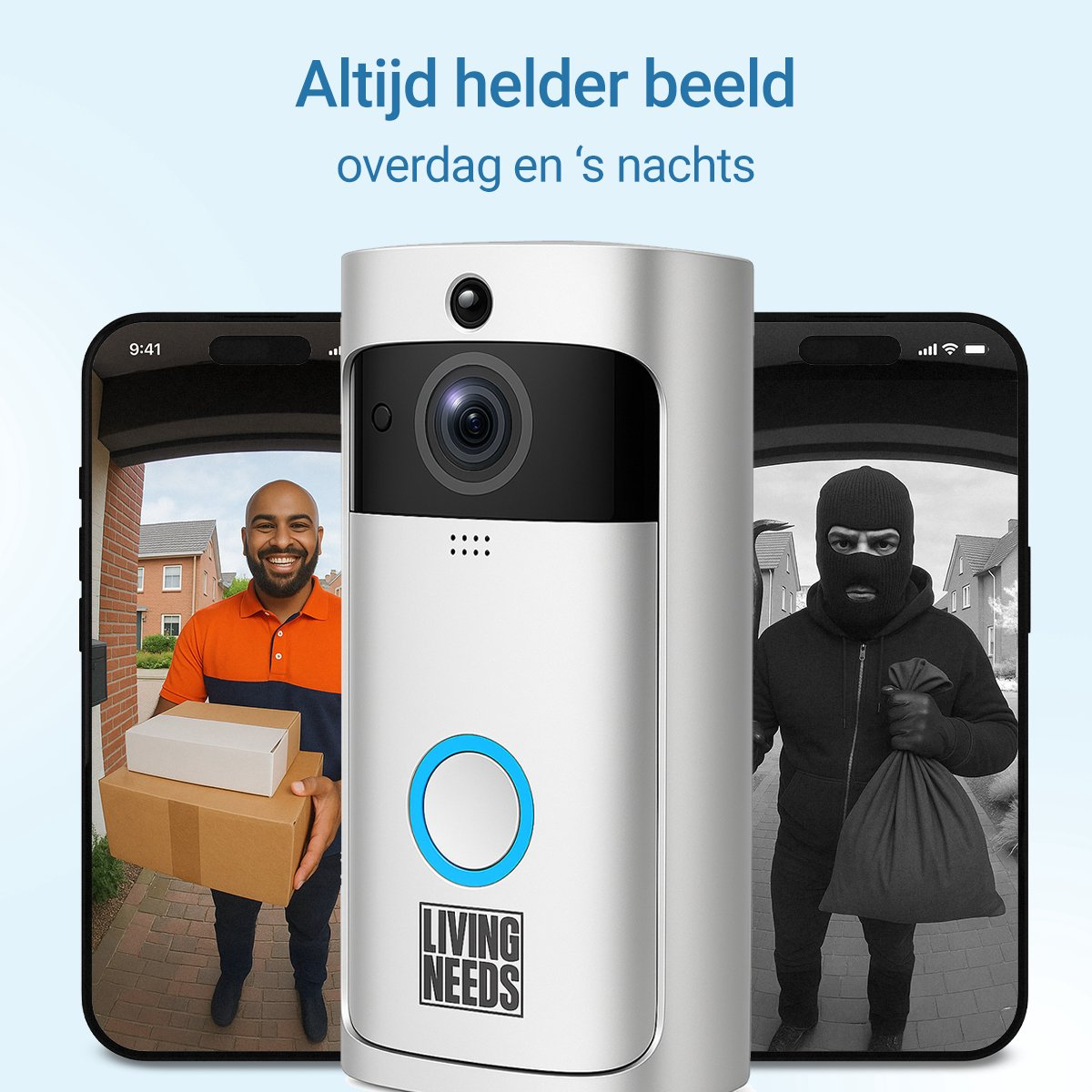 Living Needs – Slimme Video Deurbel met Camera – Zilver – Full HD beeld – Met Nachtzicht, App & Bewegingsmelder – Draadloos - Afbeelding 4