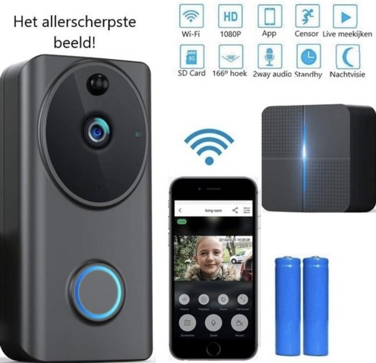 Living Needs – Draadloze Deurbel – HD Video Deurbel met Camera – 1080P HD Zwart – Met Ontvanger - Afbeelding 2